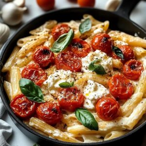 Pasta con tomates asados y ricotta al ajo