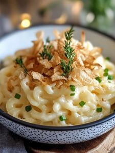 Spaetzle con queso y cebolla crujiente deliciosa