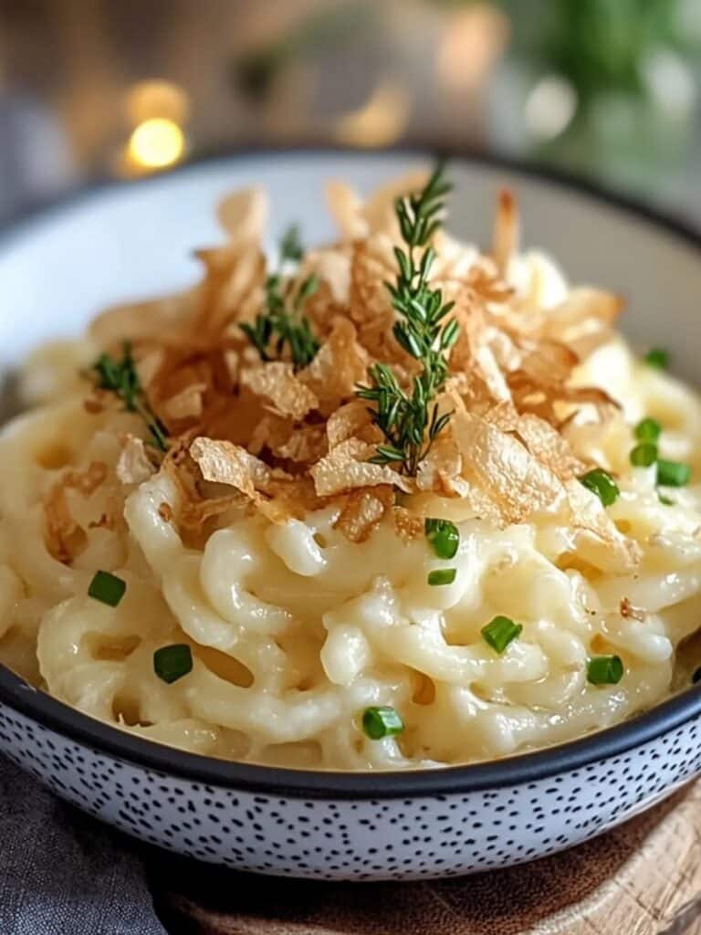 Spaetzle con queso y cebolla crujiente deliciosa