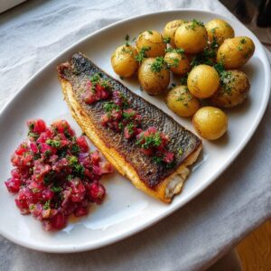 Trucha frita con chutney de ruibarbo