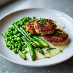 Albóndigas de ternera con espárragos, guisantes y salsa de limón