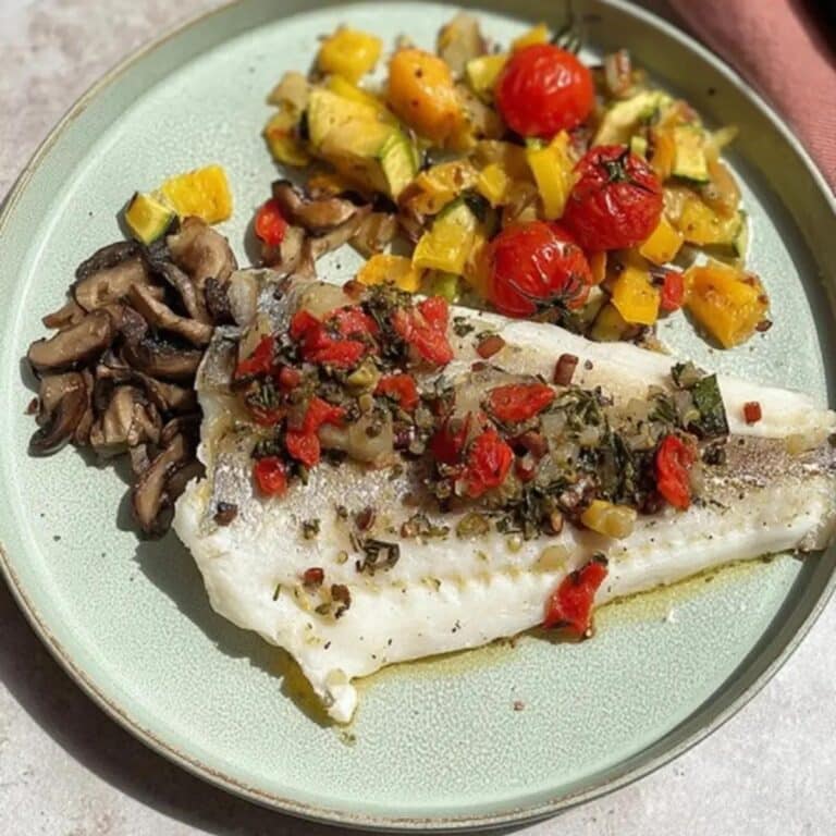 Pescado al horno con vegetales estilo mediterraneo