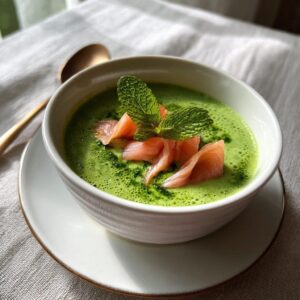 Sopa de guisantes con menta y salmón