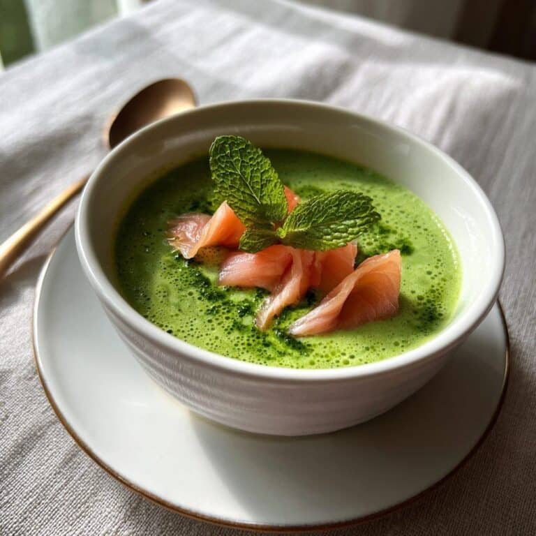 Sopa de guisantes con menta y salmón