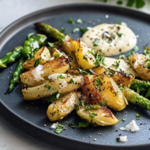 Espárragos verdes salteados con aderezo de huevo y hierbas frescas