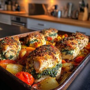 Pechugas de pollo rellenas con vegetales mediterraneos