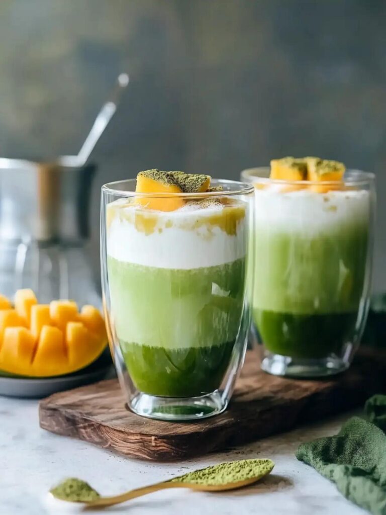 Latte de mango y matcha helado refrescante