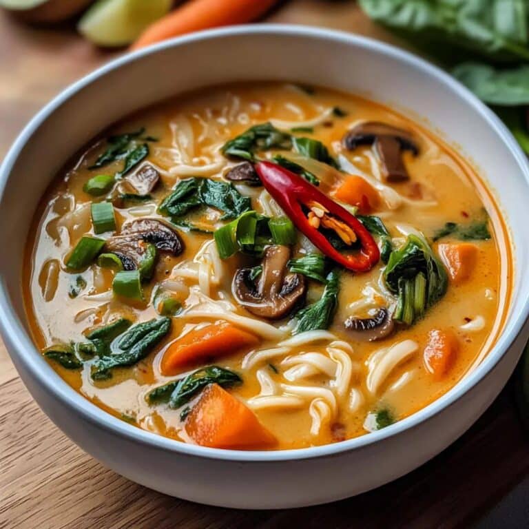 Sopa tailandesa de coco con fideos arroz