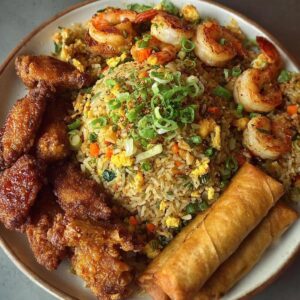 Plato de camarones con arroz y verduras