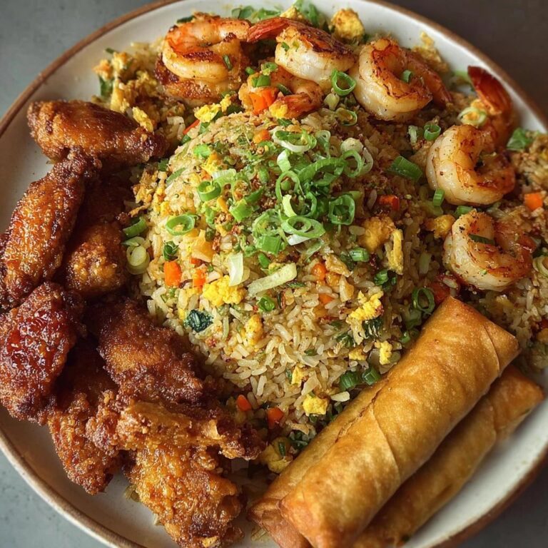 Plato de camarones con arroz y verduras