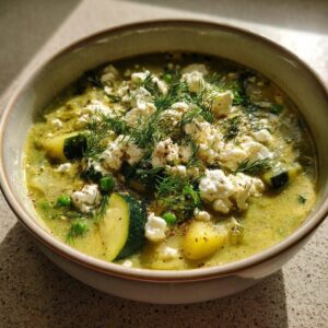 Sopa griega de verduras con queso feta