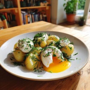 Espárragos con patatas nuevas y huevo pochado