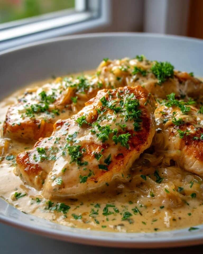 Pollo cremoso a la crema con cebolla